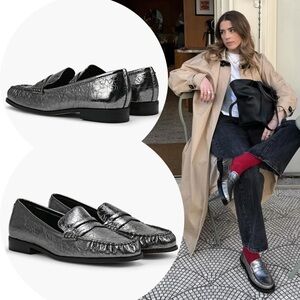 Michael Kors Gray Metallic Patent Leather Penny Loafers flats Slip On Shoes 6.5